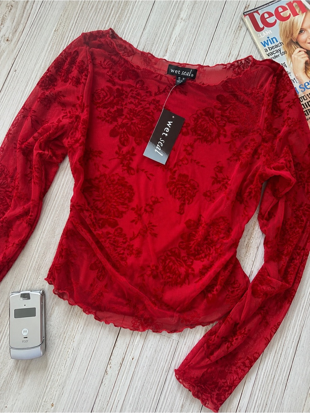 NWT Wet Seal Red Burnout Floral Mesh Top Y2K Fairy Grunge Coquette Med Deadstock